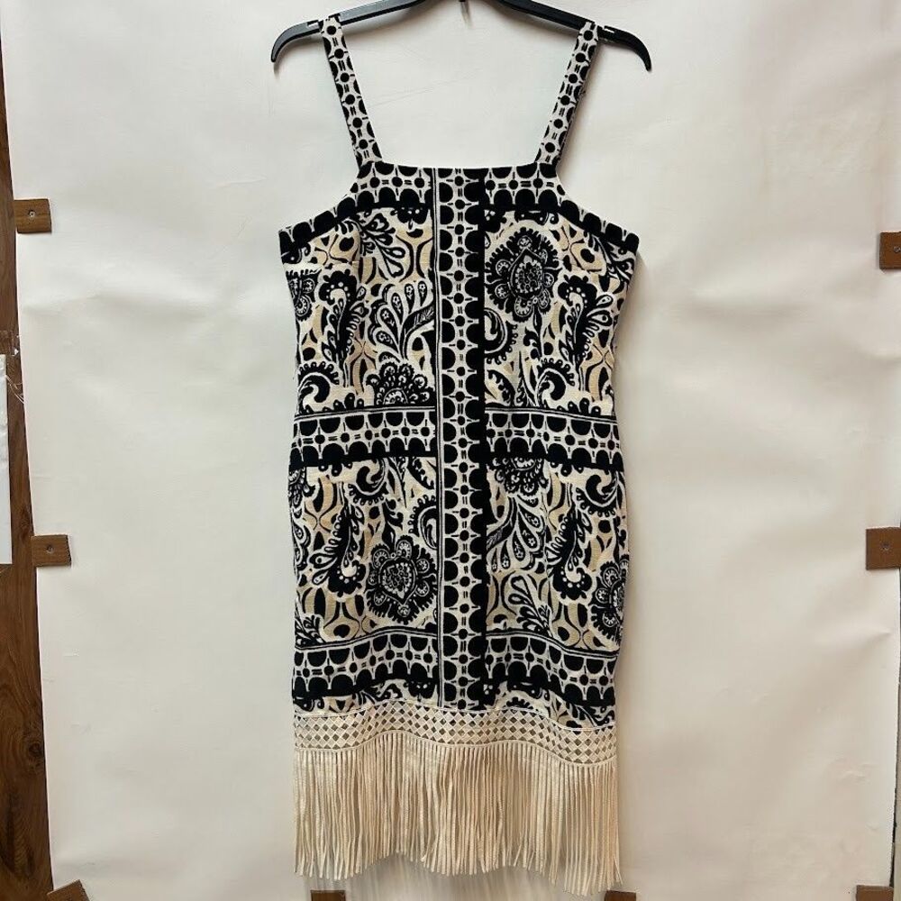 Tahari Womens 14 Black White Border Print Fringe Sleeveless Mini Dress NWT CS35